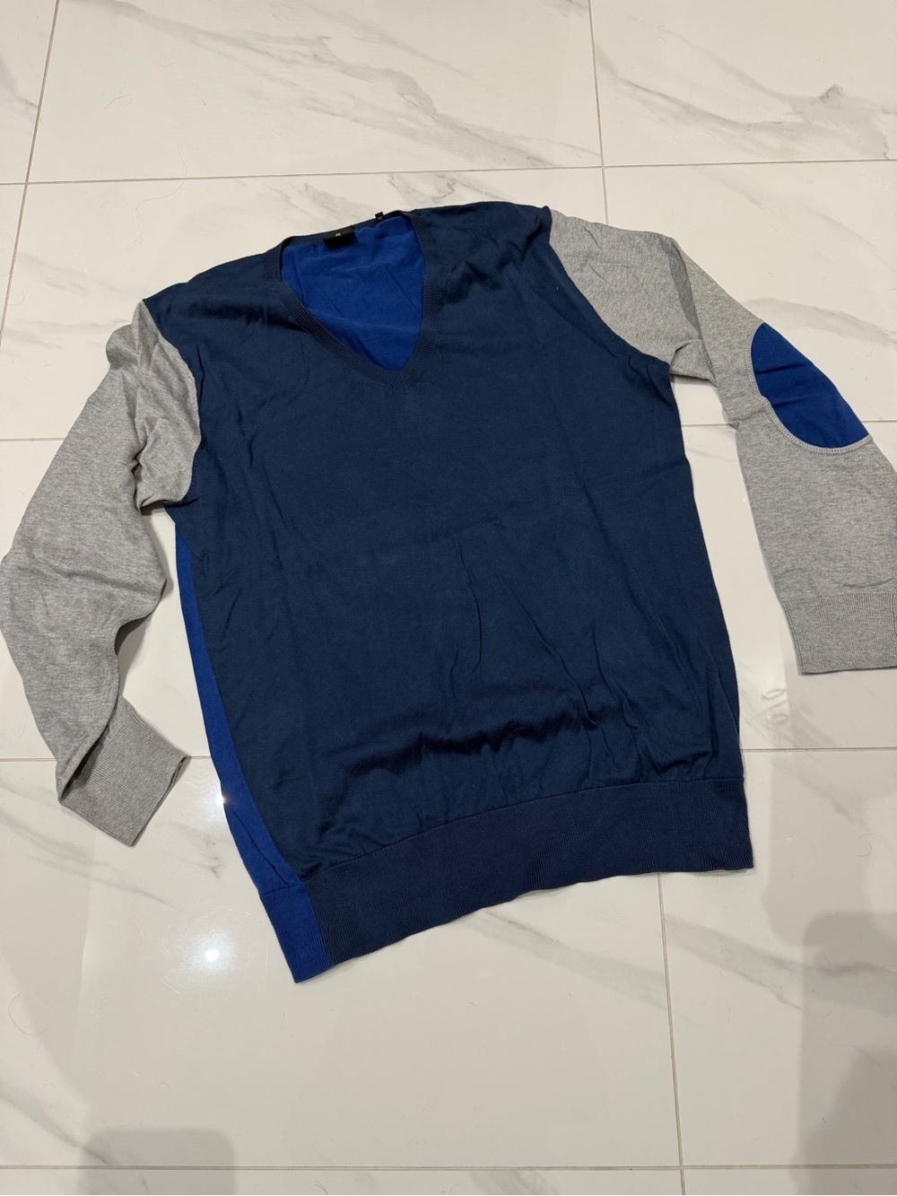 Paul Smith Navy V-Neck Sweater with Gray Sleeves and Blue Elbow Patches